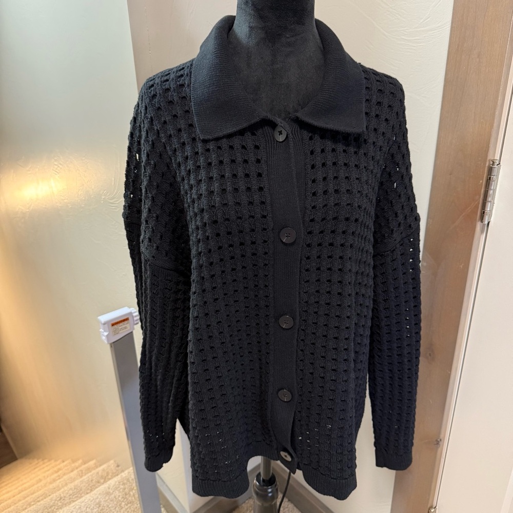 J. Jill‎ Black Open Knit Collared Longline Black Sweater Button Front Chunky XL